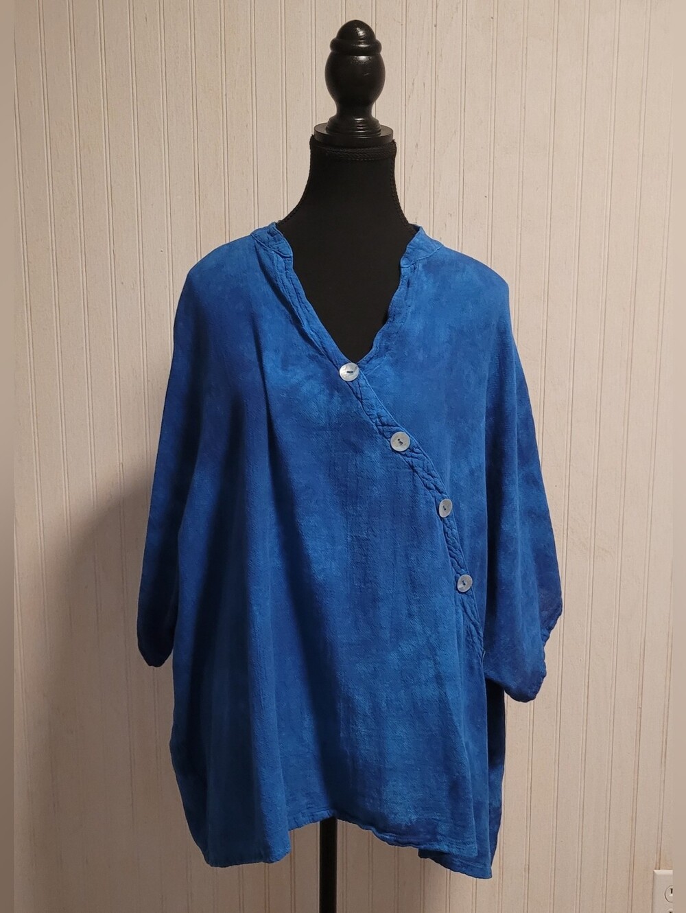 Oh My Gauze Button Blouse Diagonal Detail Oversized Top Blue Size 2 Fits L/XL